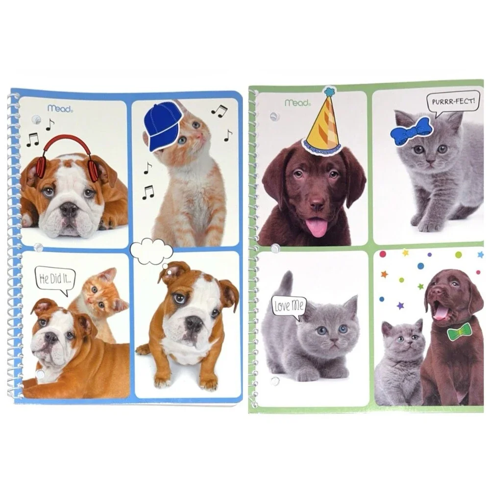 2x Mead Purrs and Grrrs Decorative Spiral Wide Ruled Notebooks 70 Sheets Each